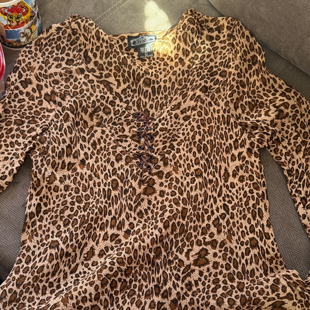 Angie Leopard Print Lace-Up Long Sleeve Top - Brown/Tan